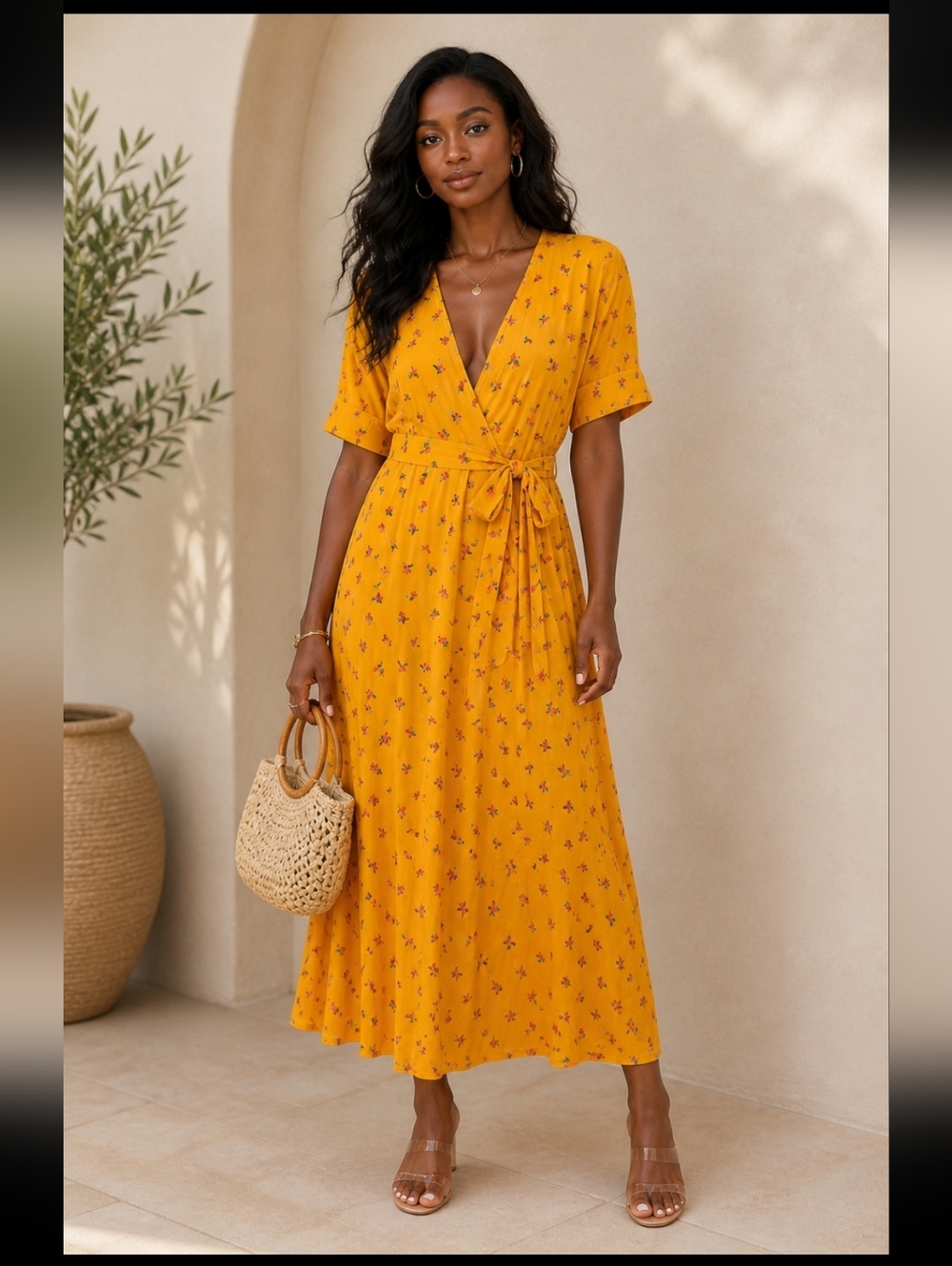 & Other Stories Mustard Yellow Floral‎ Wrap Maxi Dress